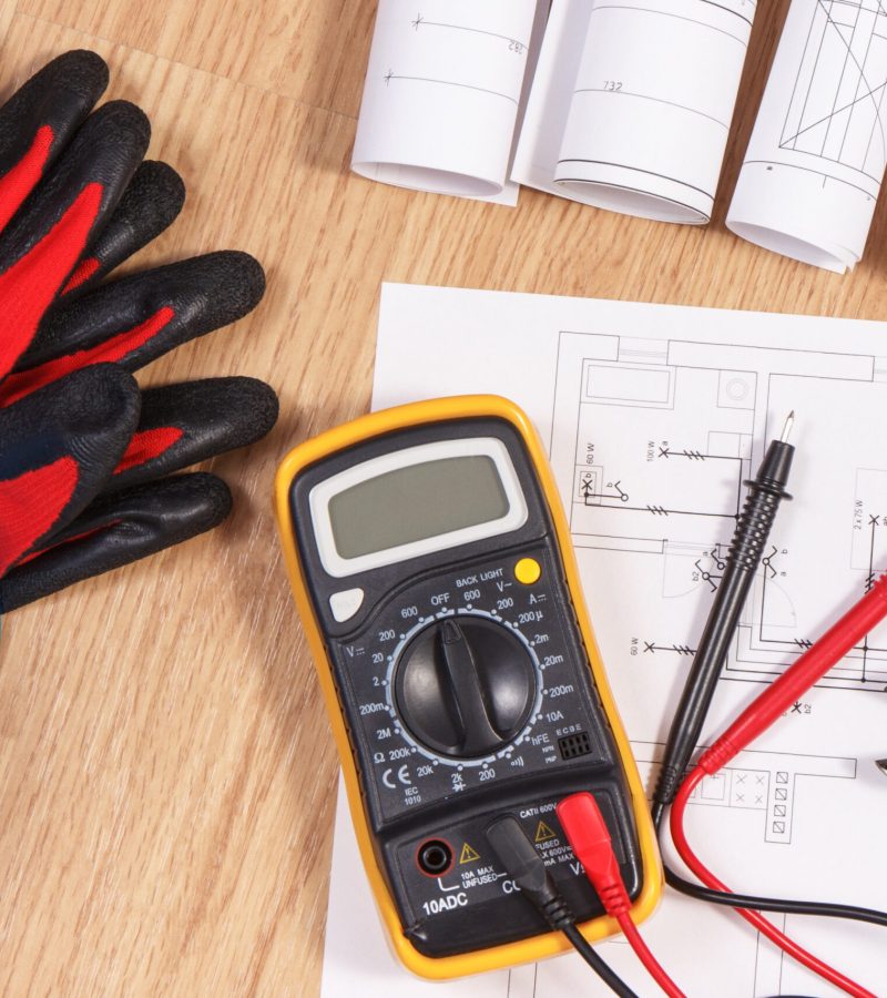 Electrical construction drawings or diagrams, multimeter for measurement in electrical installation and accessories for engineer jobs